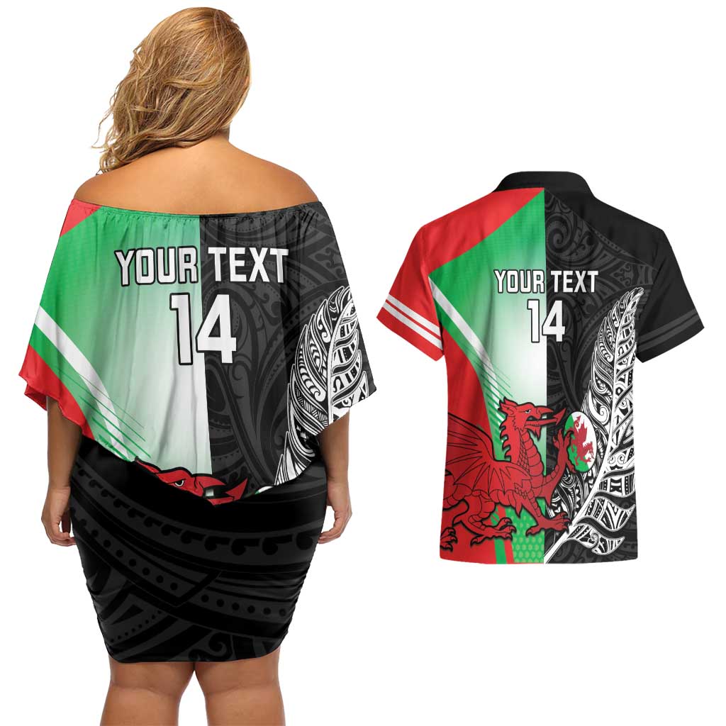 New Zealand and Wales Rugby Custom Couples Matching Off Shoulder Short Dress and Hawaiian Shirt Aotearoa All Black Combine Welsh Dragon - Aussie Hoodie