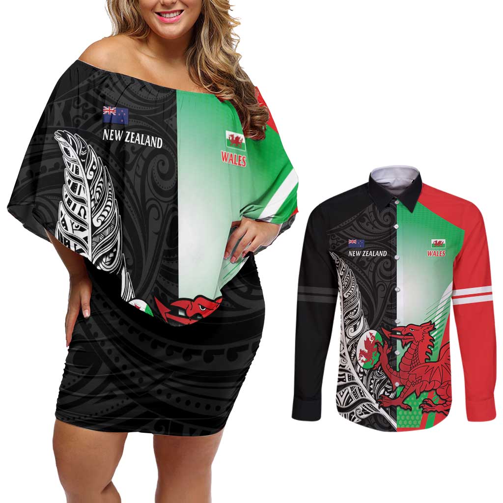 New Zealand and Wales Rugby Custom Couples Matching Off Shoulder Short Dress and Long Sleeve Button Shirt Aotearoa All Black Combine Welsh Dragon - Aussie Hoodie