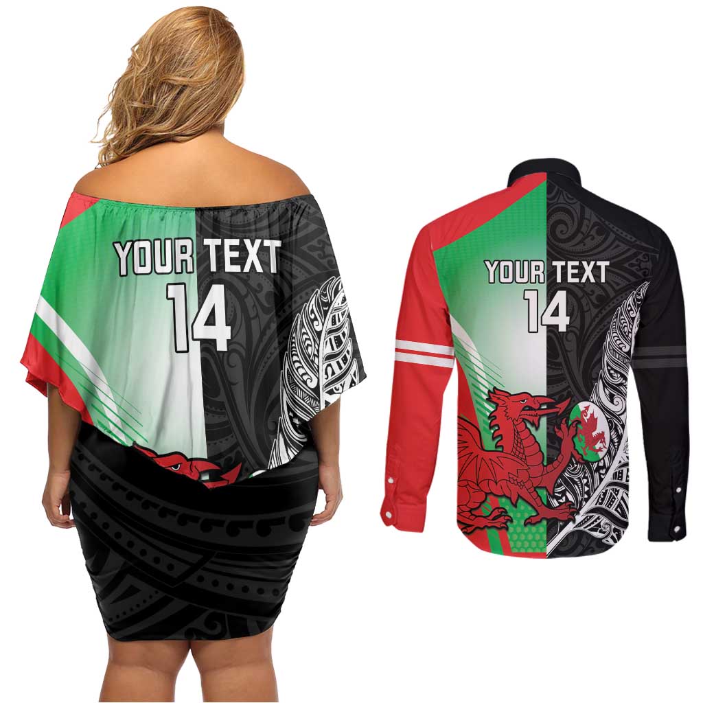 New Zealand and Wales Rugby Custom Couples Matching Off Shoulder Short Dress and Long Sleeve Button Shirt Aotearoa All Black Combine Welsh Dragon - Aussie Hoodie
