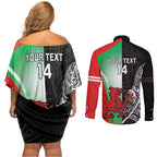 New Zealand and Wales Rugby Custom Couples Matching Off Shoulder Short Dress and Long Sleeve Button Shirt Aotearoa All Black Combine Welsh Dragon - Aussie Hoodie