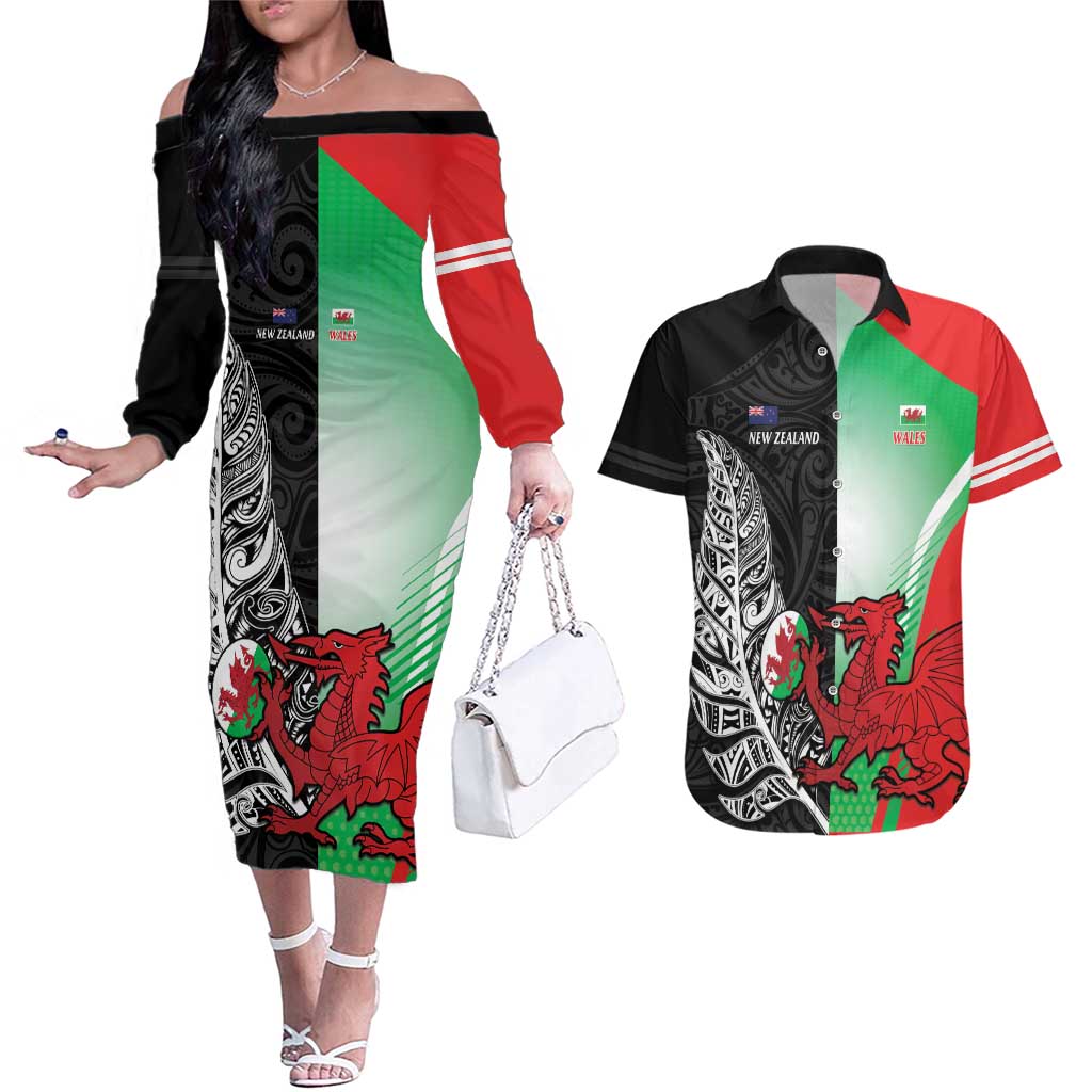 New Zealand and Wales Rugby Custom Couples Matching Off The Shoulder Long Sleeve Dress and Hawaiian Shirt Aotearoa All Black Combine Welsh Dragon - Aussie Hoodie