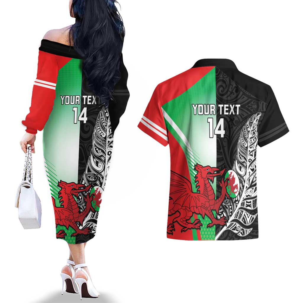 New Zealand and Wales Rugby Custom Couples Matching Off The Shoulder Long Sleeve Dress and Hawaiian Shirt Aotearoa All Black Combine Welsh Dragon - Aussie Hoodie