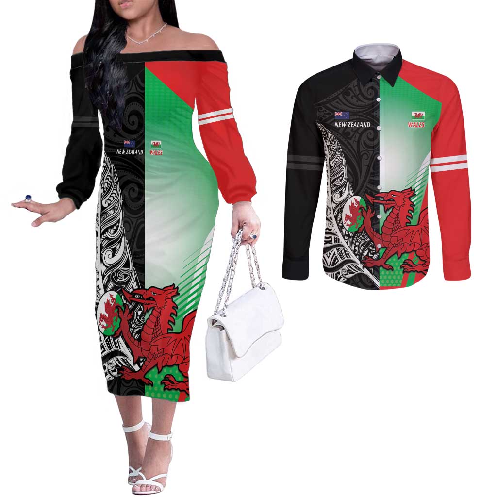 New Zealand and Wales Rugby Custom Couples Matching Off The Shoulder Long Sleeve Dress and Long Sleeve Button Shirt Aotearoa All Black Combine Welsh Dragon - Aussie Hoodie