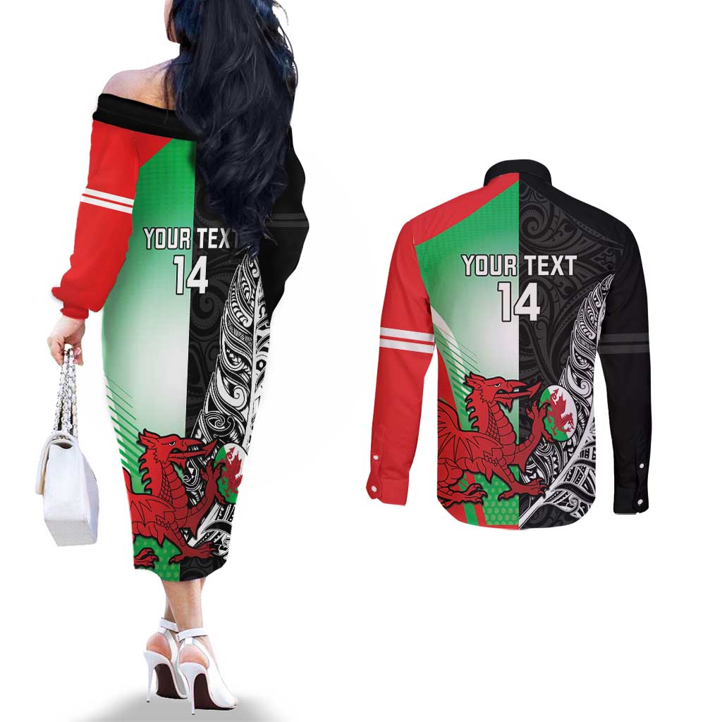 New Zealand and Wales Rugby Custom Couples Matching Off The Shoulder Long Sleeve Dress and Long Sleeve Button Shirt Aotearoa All Black Combine Welsh Dragon - Aussie Hoodie