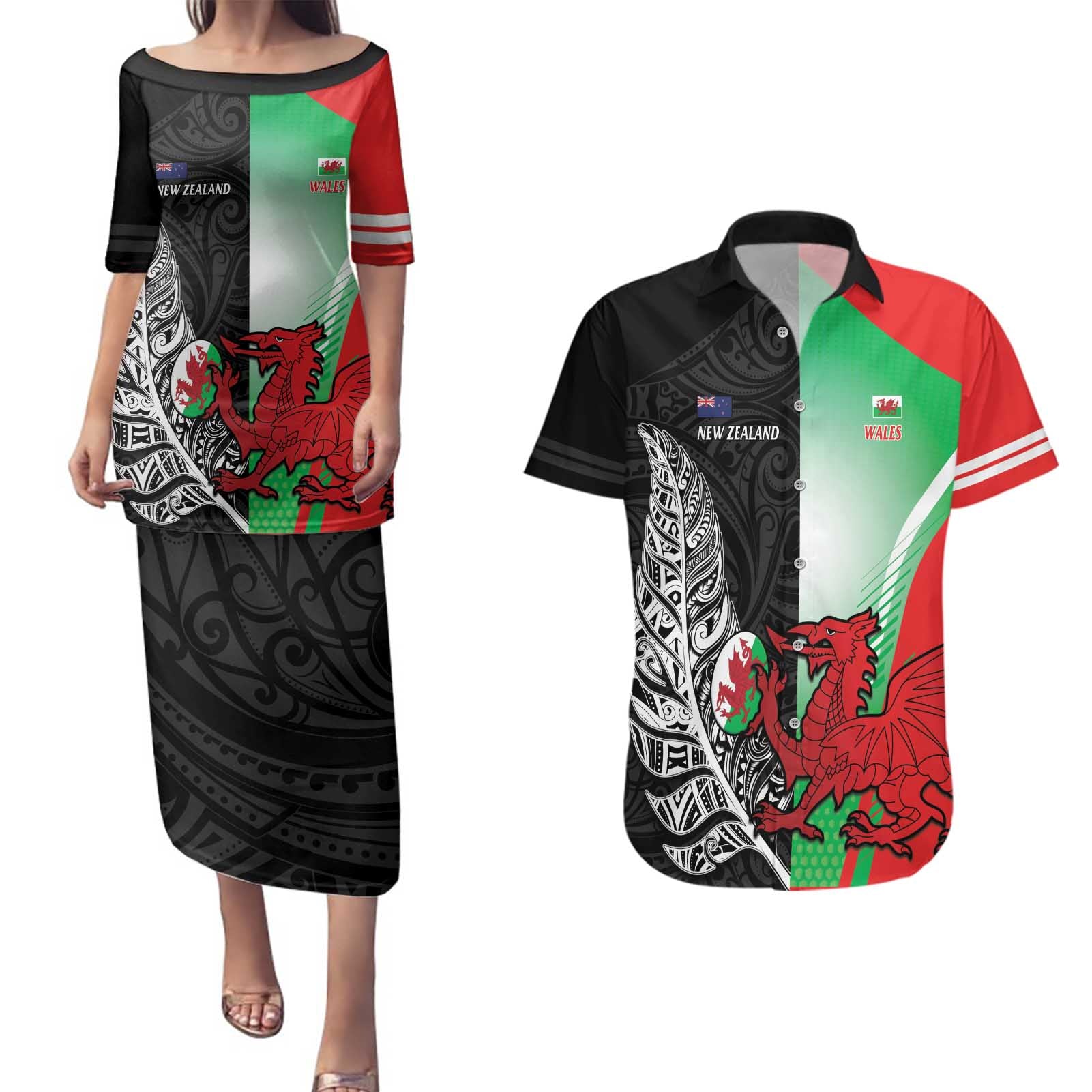 New Zealand and Wales Rugby Custom Couples Matching Puletasi and Hawaiian Shirt Aotearoa All Black Combine Welsh Dragon - Aussie Hoodie