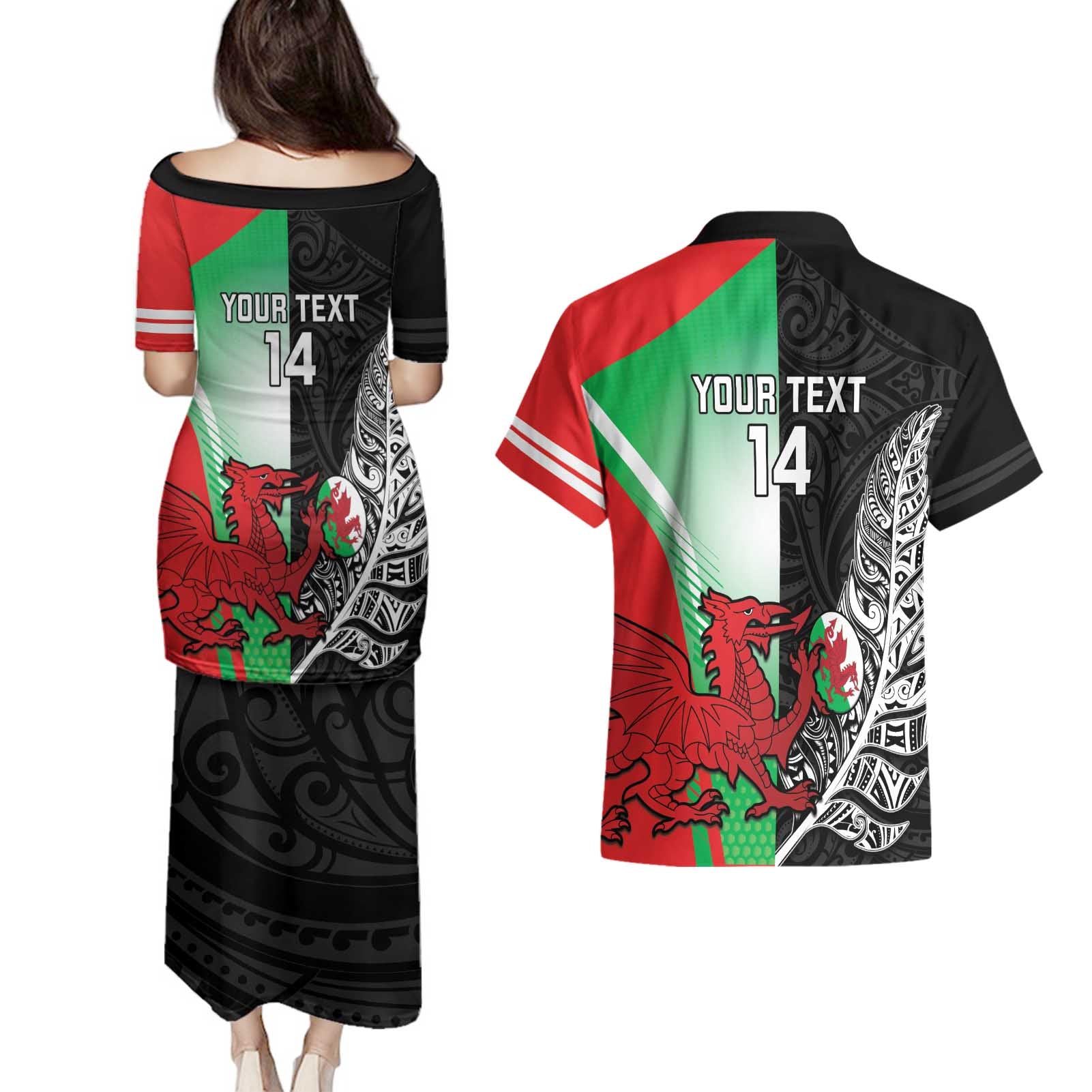 New Zealand and Wales Rugby Custom Couples Matching Puletasi and Hawaiian Shirt Aotearoa All Black Combine Welsh Dragon - Aussie Hoodie
