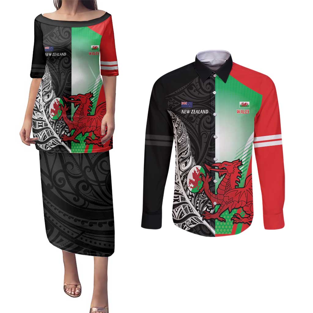 New Zealand and Wales Rugby Custom Couples Matching Puletasi and Long Sleeve Button Shirt Aotearoa All Black Combine Welsh Dragon - Aussie Hoodie