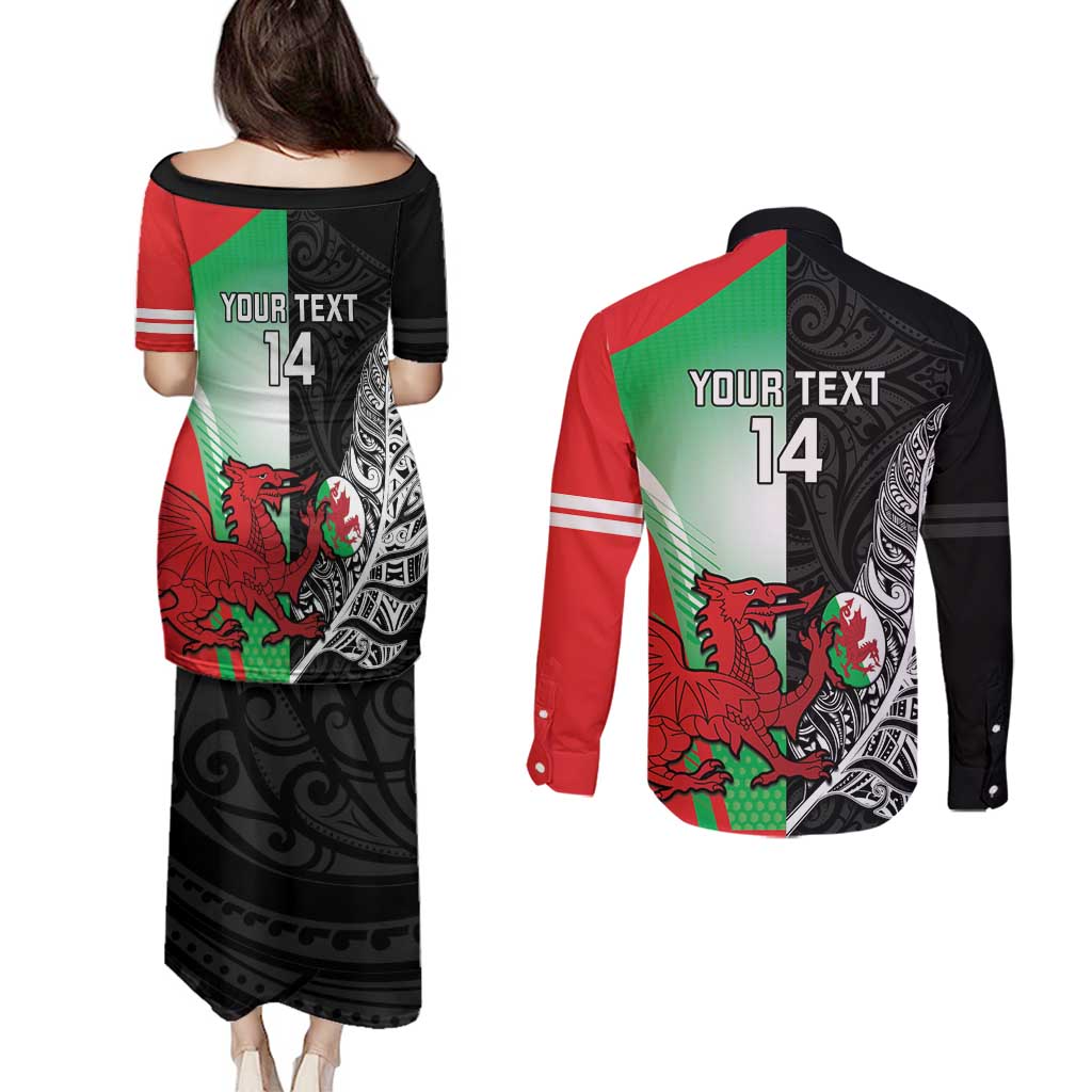 New Zealand and Wales Rugby Custom Couples Matching Puletasi and Long Sleeve Button Shirt Aotearoa All Black Combine Welsh Dragon - Aussie Hoodie
