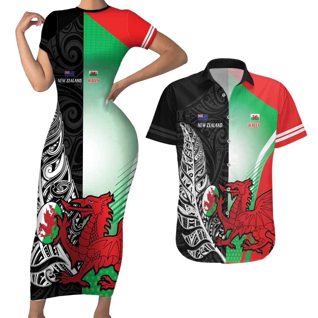New Zealand and Wales Rugby Custom Couples Matching Short Sleeve Bodycon Dress and Hawaiian Shirt Aotearoa All Black Combine Welsh Dragon - Aussie Hoodie