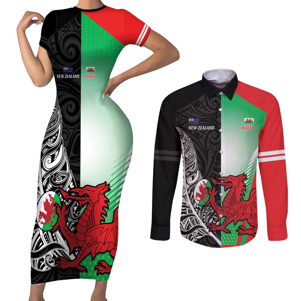 New Zealand and Wales Rugby Custom Couples Matching Short Sleeve Bodycon Dress and Long Sleeve Button Shirt Aotearoa All Black Combine Welsh Dragon - Aussie Hoodie
