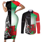 New Zealand and Wales Rugby Custom Couples Matching Short Sleeve Bodycon Dress and Long Sleeve Button Shirt Aotearoa All Black Combine Welsh Dragon - Aussie Hoodie