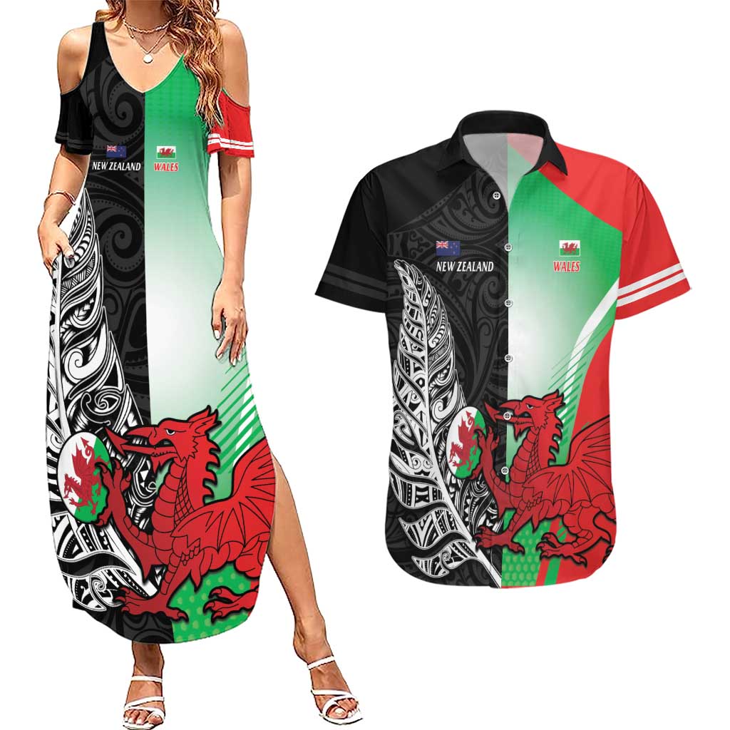 New Zealand and Wales Rugby Custom Couples Matching Summer Maxi Dress and Hawaiian Shirt Aotearoa All Black Combine Welsh Dragon - Aussie Hoodie