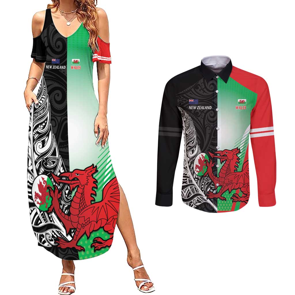 New Zealand and Wales Rugby Custom Couples Matching Summer Maxi Dress and Long Sleeve Button Shirt Aotearoa All Black Combine Welsh Dragon - Aussie Hoodie