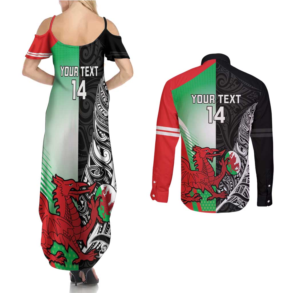 New Zealand and Wales Rugby Custom Couples Matching Summer Maxi Dress and Long Sleeve Button Shirt Aotearoa All Black Combine Welsh Dragon - Aussie Hoodie