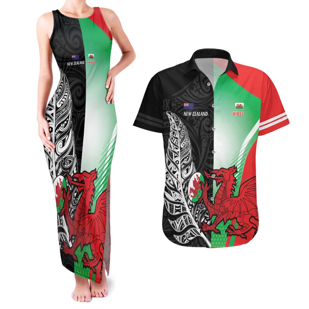 New Zealand and Wales Rugby Custom Couples Matching Tank Maxi Dress and Hawaiian Shirt Aotearoa All Black Combine Welsh Dragon - Aussie Hoodie