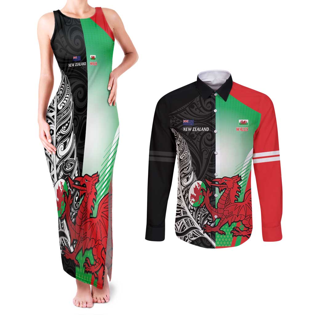 New Zealand and Wales Rugby Custom Couples Matching Tank Maxi Dress and Long Sleeve Button Shirt Aotearoa All Black Combine Welsh Dragon - Aussie Hoodie