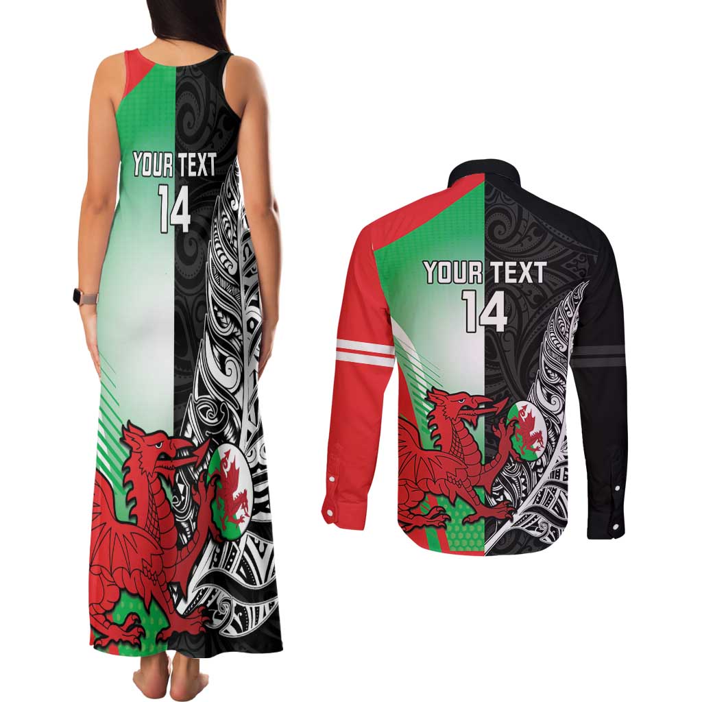 New Zealand and Wales Rugby Custom Couples Matching Tank Maxi Dress and Long Sleeve Button Shirt Aotearoa All Black Combine Welsh Dragon - Aussie Hoodie