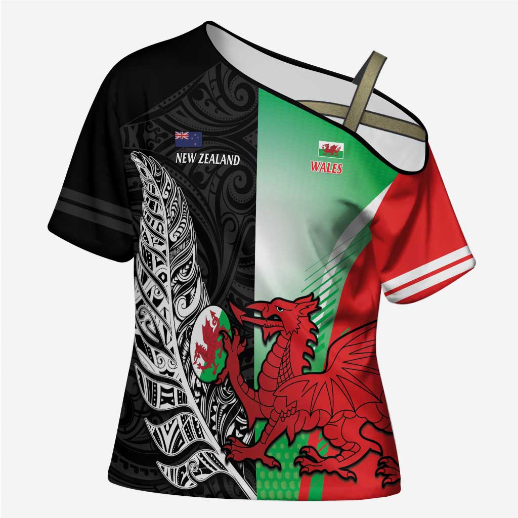 New Zealand and Wales Rugby Custom Cross Shoulder Shirt Aotearoa All Black Combine Welsh Dragon - Aussie Hoodie