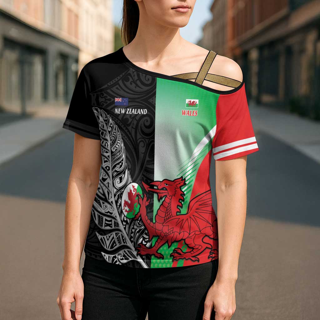 New Zealand and Wales Rugby Custom Cross Shoulder Shirt Aotearoa All Black Combine Welsh Dragon - Aussie Hoodie
