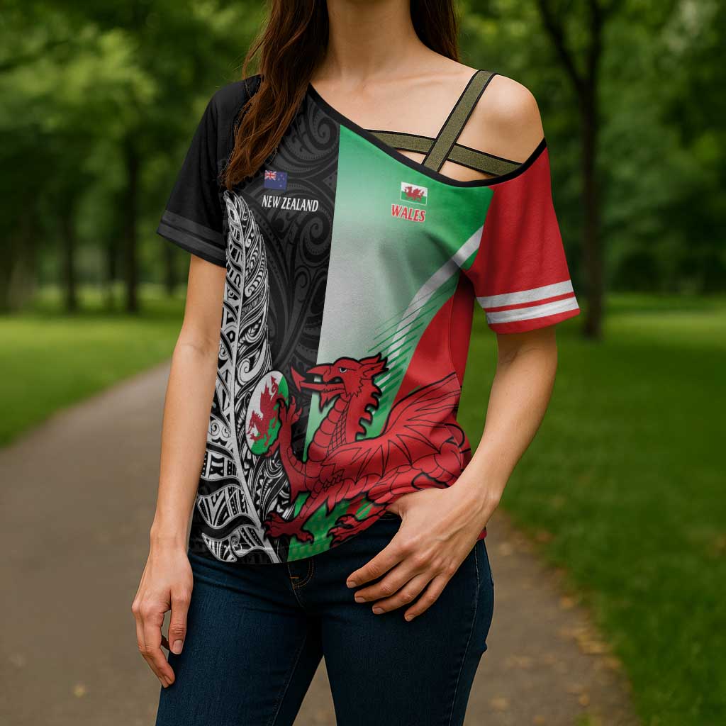 New Zealand and Wales Rugby Custom Cross Shoulder Shirt Aotearoa All Black Combine Welsh Dragon - Aussie Hoodie
