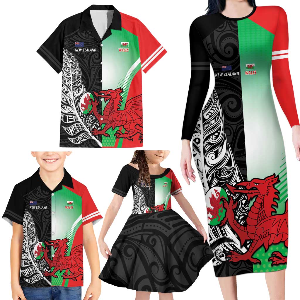 New Zealand and Wales Rugby Custom Family Matching Long Sleeve Bodycon Dress and Hawaiian Shirt Aotearoa All Black Combine Welsh Dragon - Aussie Hoodie