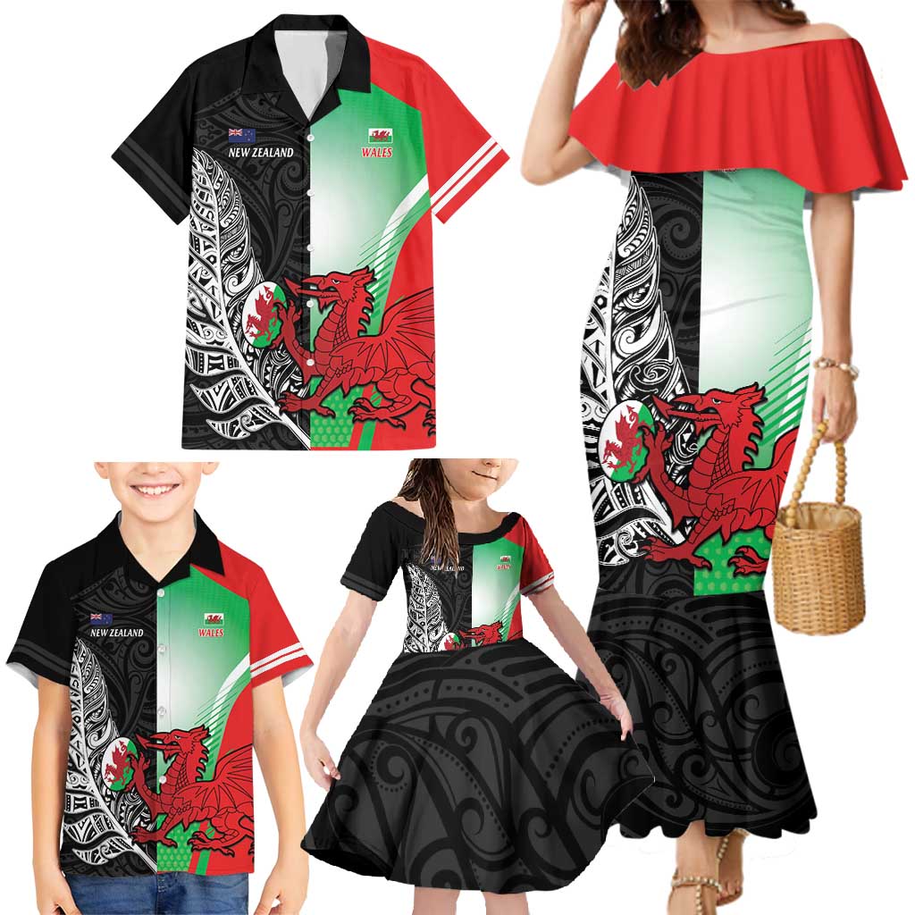 New Zealand and Wales Rugby Custom Family Matching Mermaid Dress and Hawaiian Shirt Aotearoa All Black Combine Welsh Dragon - Aussie Hoodie