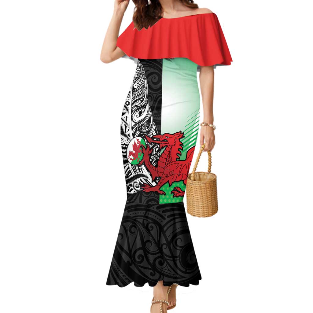 New Zealand and Wales Rugby Custom Family Matching Mermaid Dress and Hawaiian Shirt Aotearoa All Black Combine Welsh Dragon - Aussie Hoodie