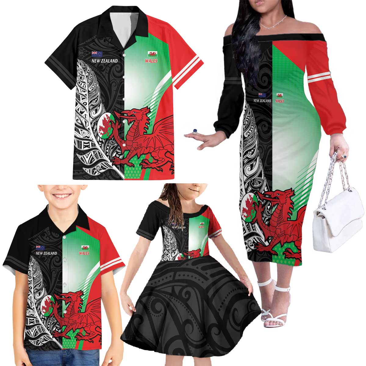 New Zealand and Wales Rugby Custom Family Matching Off The Shoulder Long Sleeve Dress and Hawaiian Shirt Aotearoa All Black Combine Welsh Dragon - Aussie Hoodie