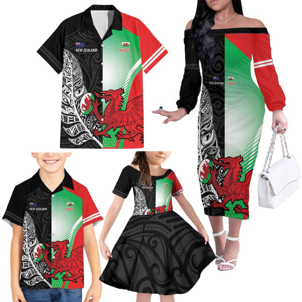 New Zealand and Wales Rugby Custom Family Matching Off The Shoulder Long Sleeve Dress and Hawaiian Shirt Aotearoa All Black Combine Welsh Dragon - Aussie Hoodie