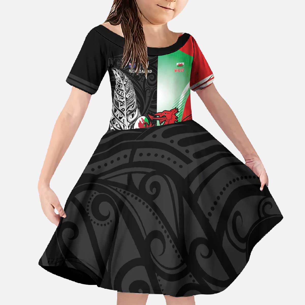 New Zealand and Wales Rugby Custom Family Matching Off The Shoulder Long Sleeve Dress and Hawaiian Shirt Aotearoa All Black Combine Welsh Dragon - Aussie Hoodie