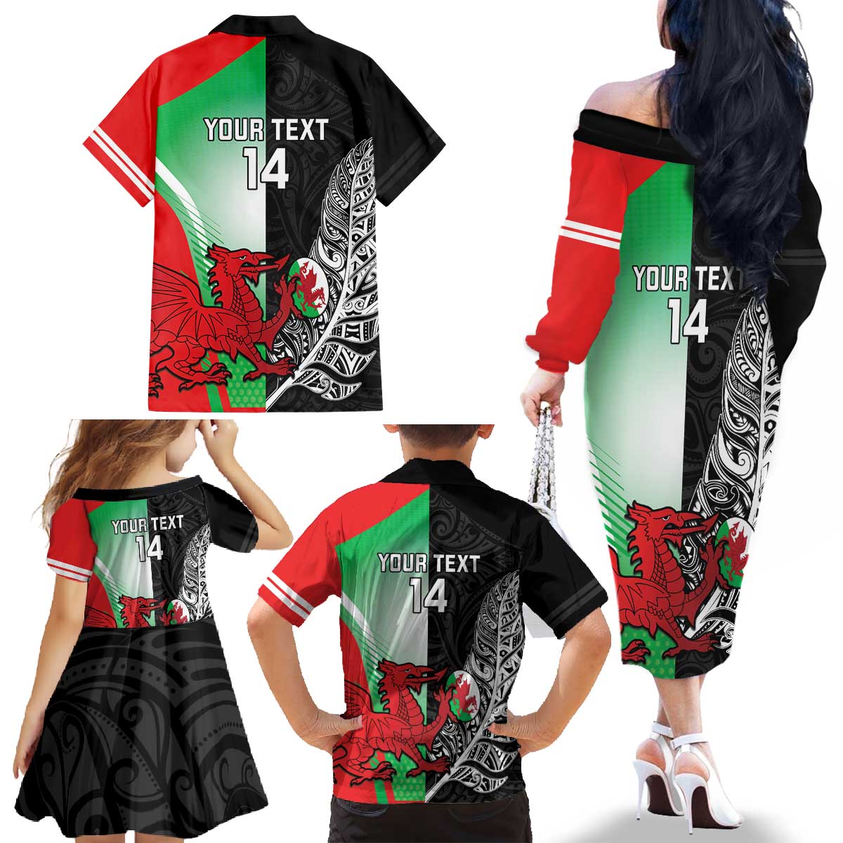New Zealand and Wales Rugby Custom Family Matching Off The Shoulder Long Sleeve Dress and Hawaiian Shirt Aotearoa All Black Combine Welsh Dragon - Aussie Hoodie