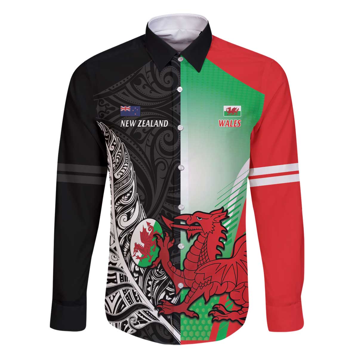 New Zealand and Wales Rugby Custom Family Matching Off The Shoulder Long Sleeve Dress and Hawaiian Shirt Aotearoa All Black Combine Welsh Dragon - Aussie Hoodie
