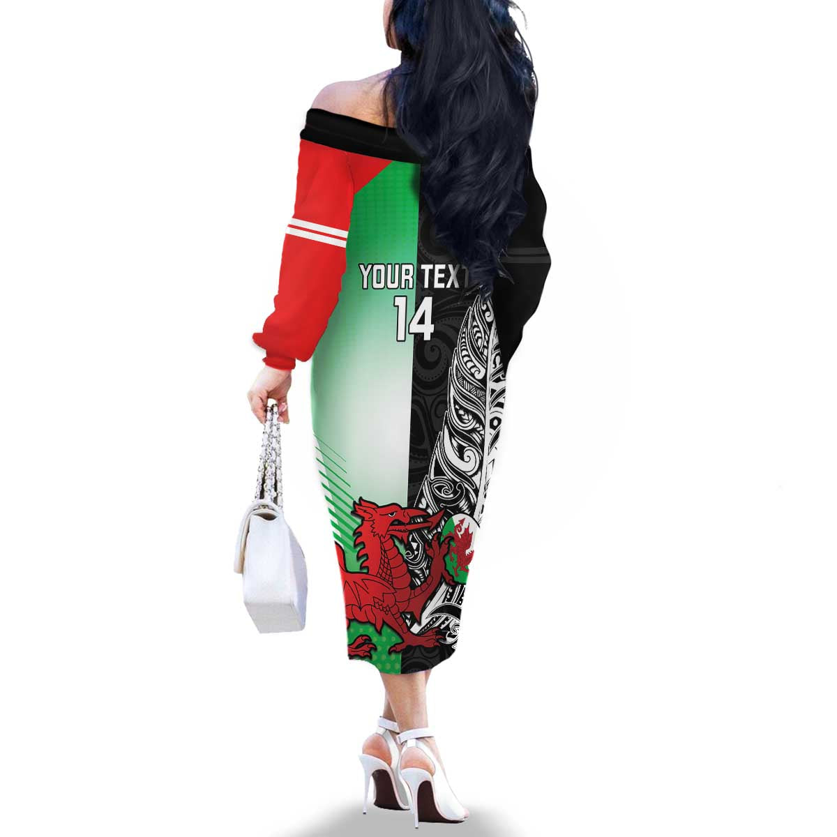 New Zealand and Wales Rugby Custom Family Matching Off The Shoulder Long Sleeve Dress and Hawaiian Shirt Aotearoa All Black Combine Welsh Dragon - Aussie Hoodie