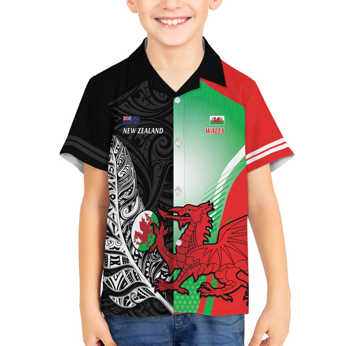 New Zealand and Wales Rugby Custom Family Matching Off The Shoulder Long Sleeve Dress and Hawaiian Shirt Aotearoa All Black Combine Welsh Dragon - Aussie Hoodie