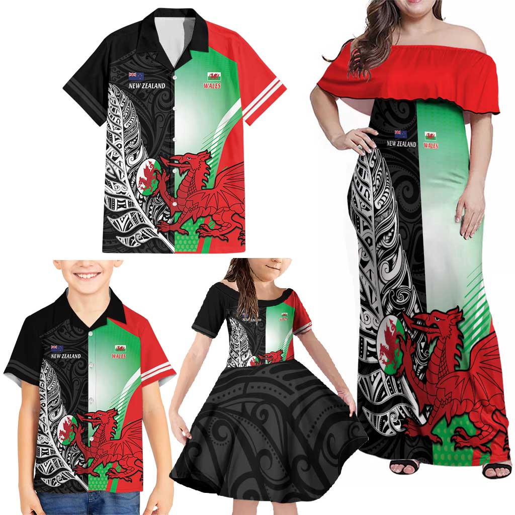 New Zealand and Wales Rugby Custom Family Matching Off Shoulder Maxi Dress and Hawaiian Shirt Aotearoa All Black Combine Welsh Dragon - Aussie Hoodie