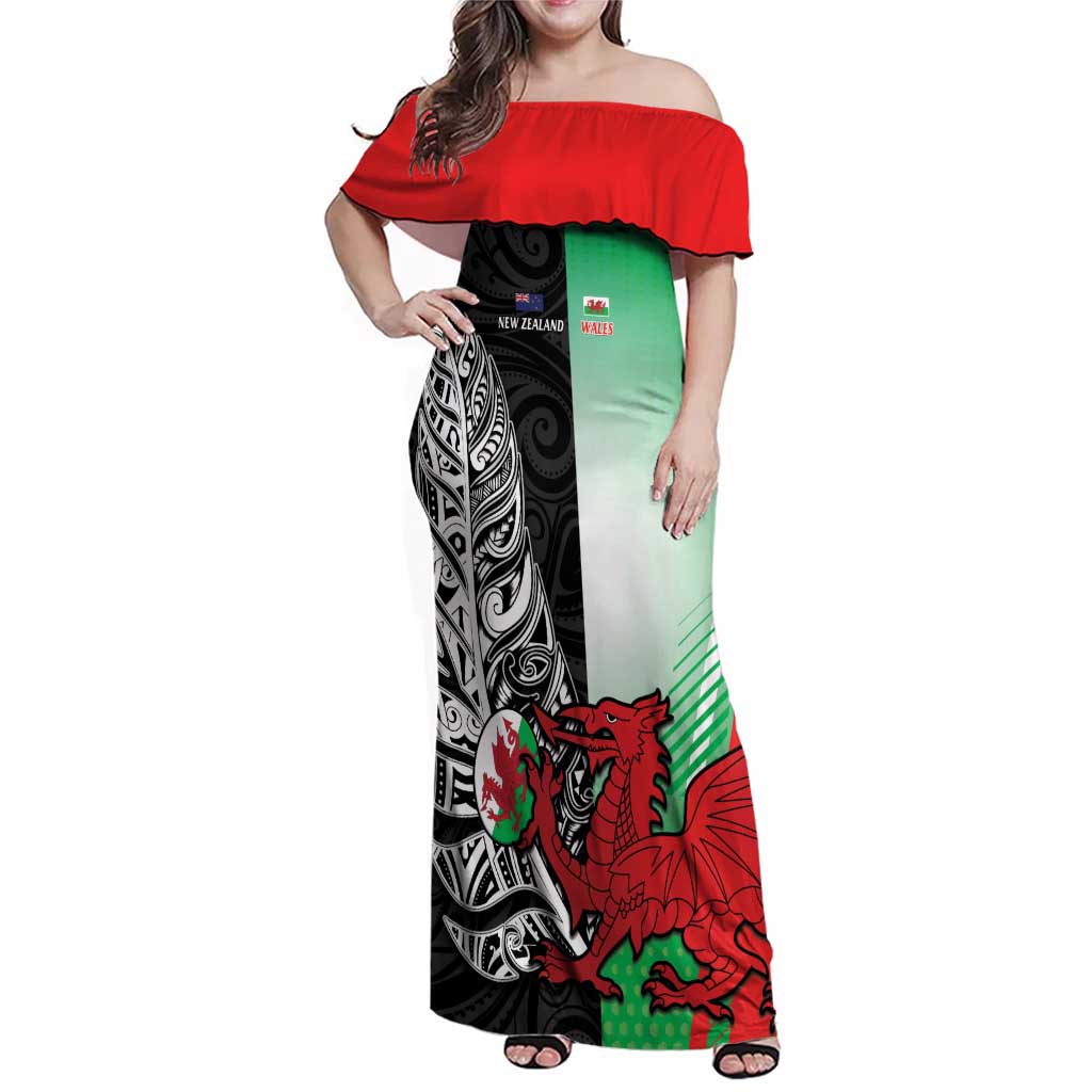 New Zealand and Wales Rugby Custom Family Matching Off Shoulder Maxi Dress and Hawaiian Shirt Aotearoa All Black Combine Welsh Dragon - Aussie Hoodie