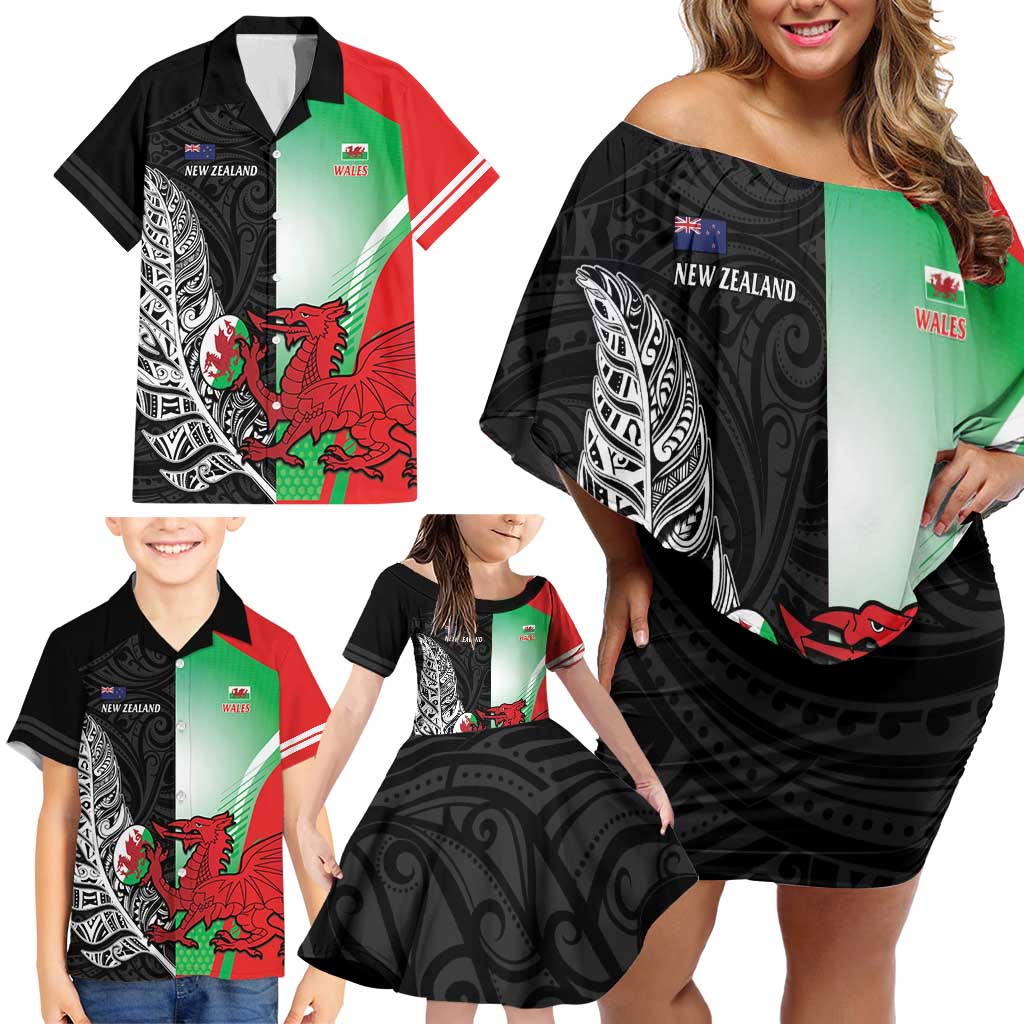 New Zealand and Wales Rugby Custom Family Matching Off Shoulder Short Dress and Hawaiian Shirt Aotearoa All Black Combine Welsh Dragon - Aussie Hoodie