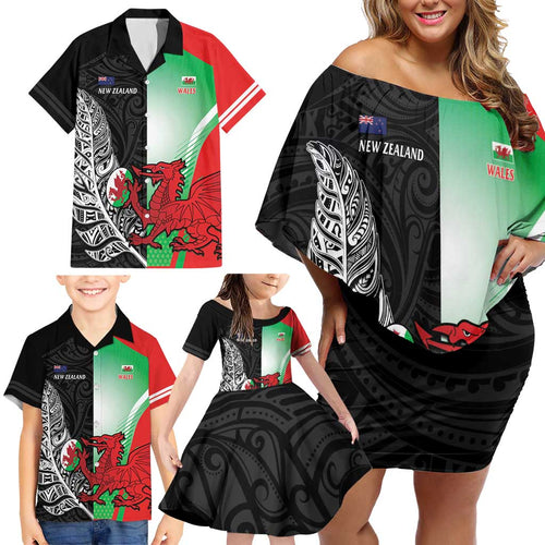 New Zealand and Wales Rugby Custom Family Matching Off Shoulder Short Dress and Hawaiian Shirt Aotearoa All Black Combine Welsh Dragon - Aussie Hoodie