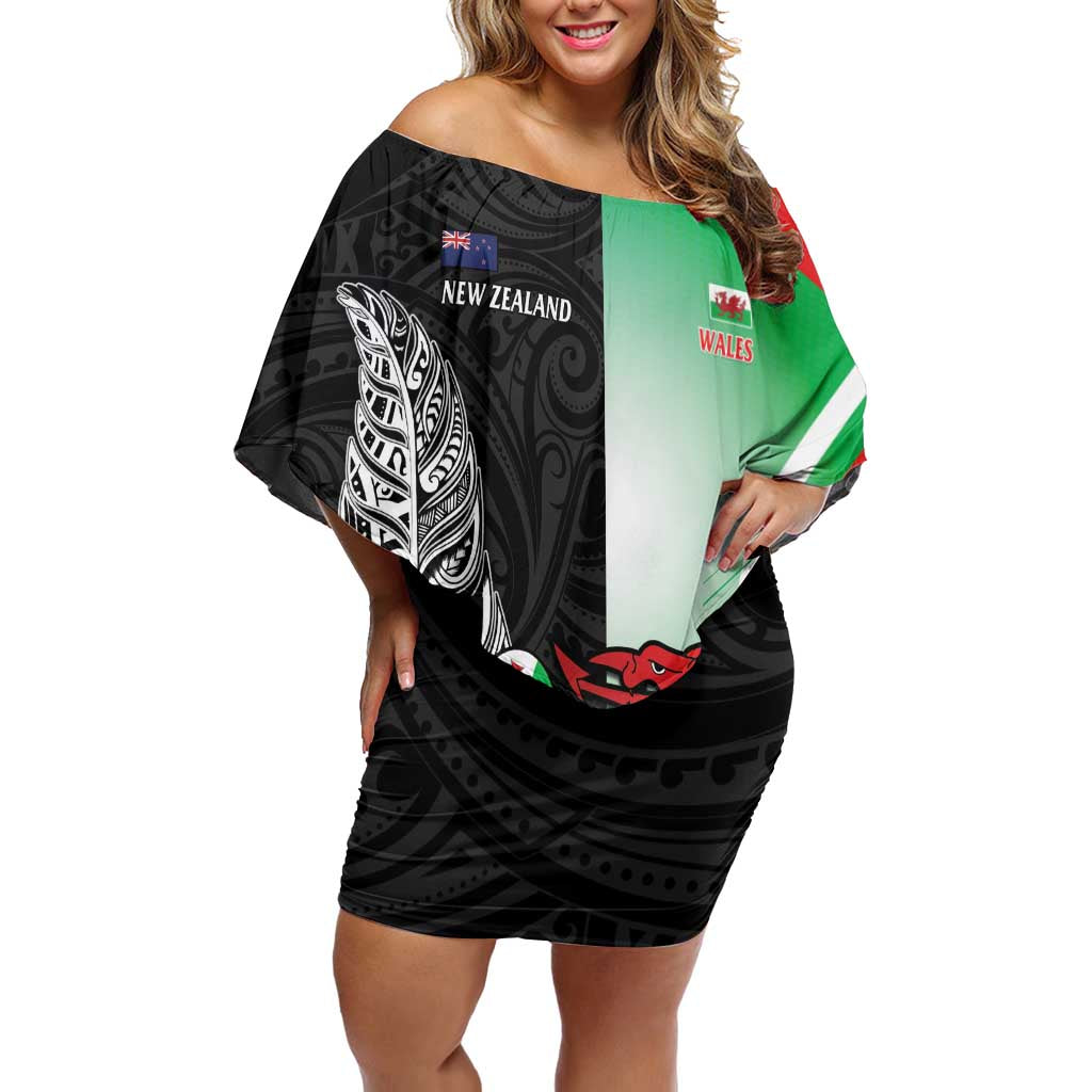 New Zealand and Wales Rugby Custom Family Matching Off Shoulder Short Dress and Hawaiian Shirt Aotearoa All Black Combine Welsh Dragon - Aussie Hoodie