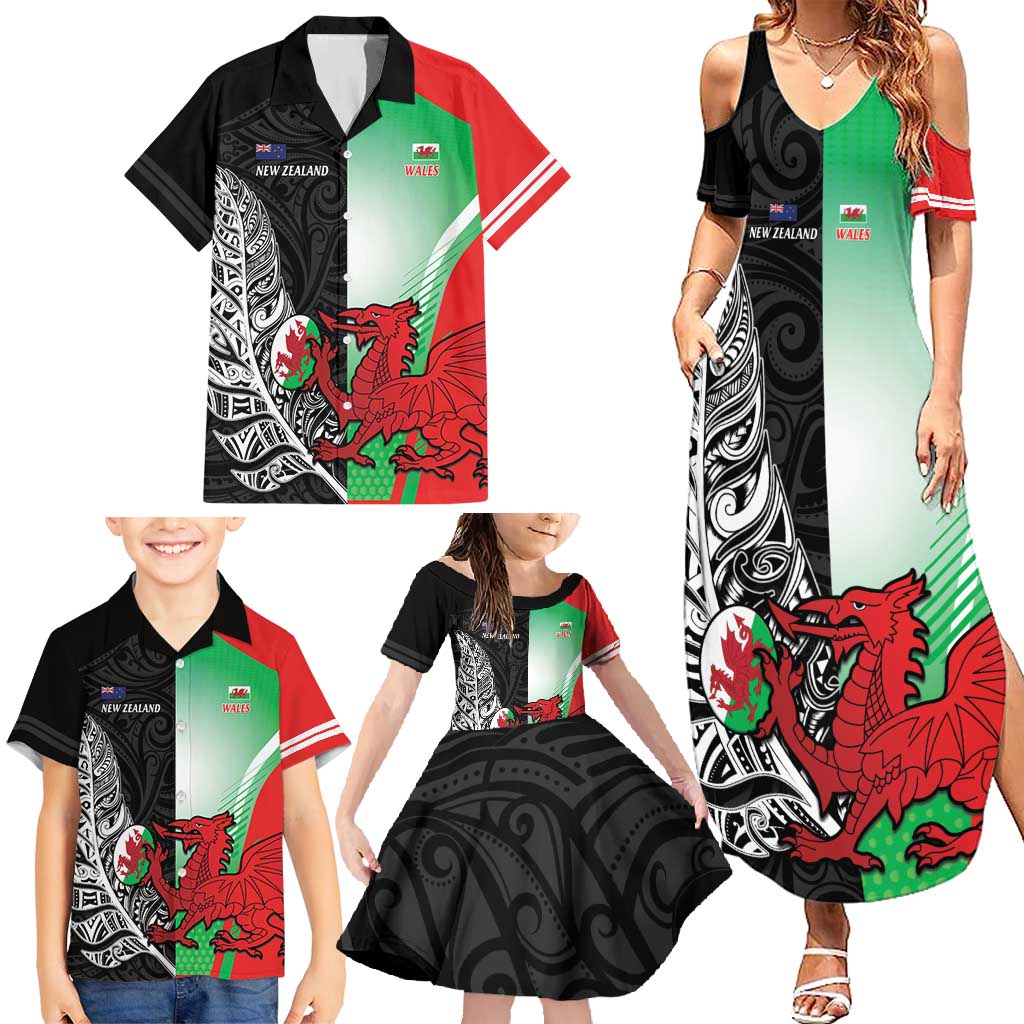 New Zealand and Wales Rugby Custom Family Matching Summer Maxi Dress and Hawaiian Shirt Aotearoa All Black Combine Welsh Dragon - Aussie Hoodie
