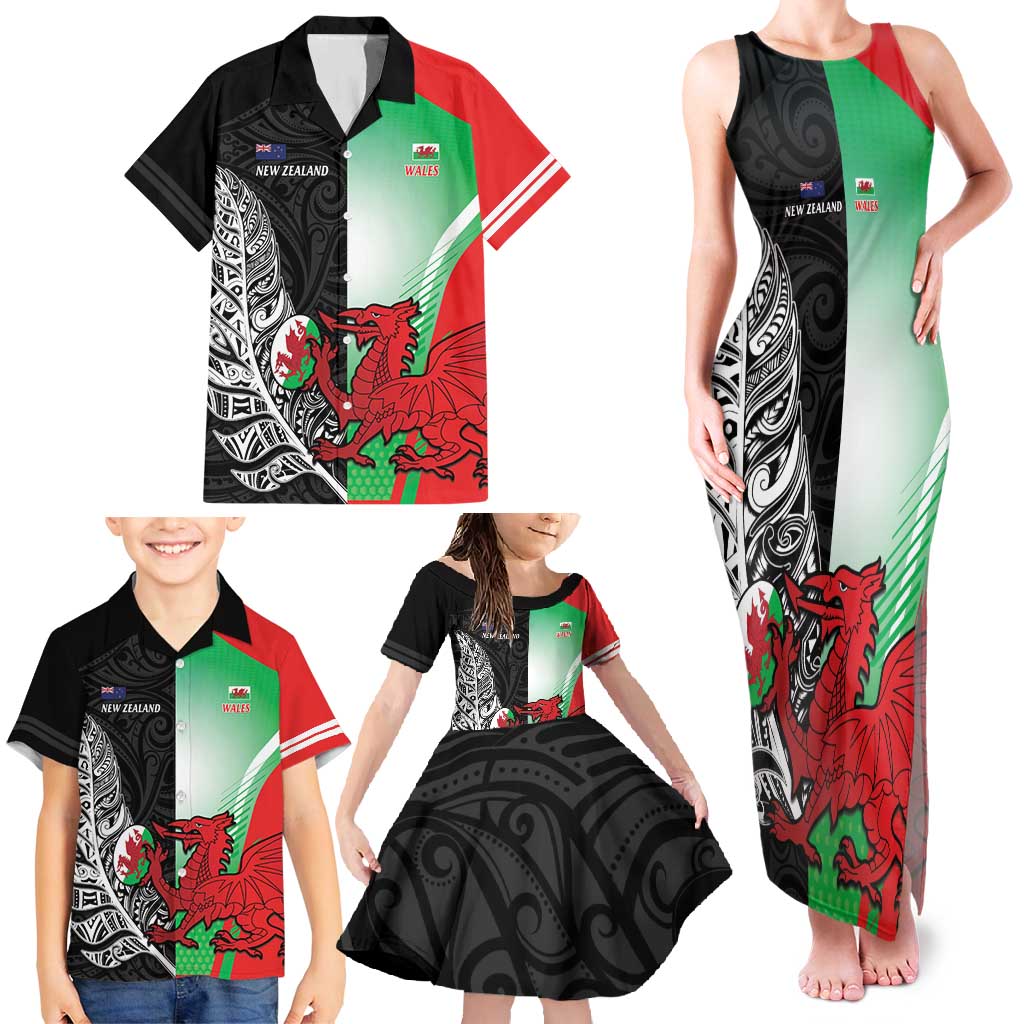 New Zealand and Wales Rugby Custom Family Matching Tank Maxi Dress and Hawaiian Shirt Aotearoa All Black Combine Welsh Dragon - Aussie Hoodie