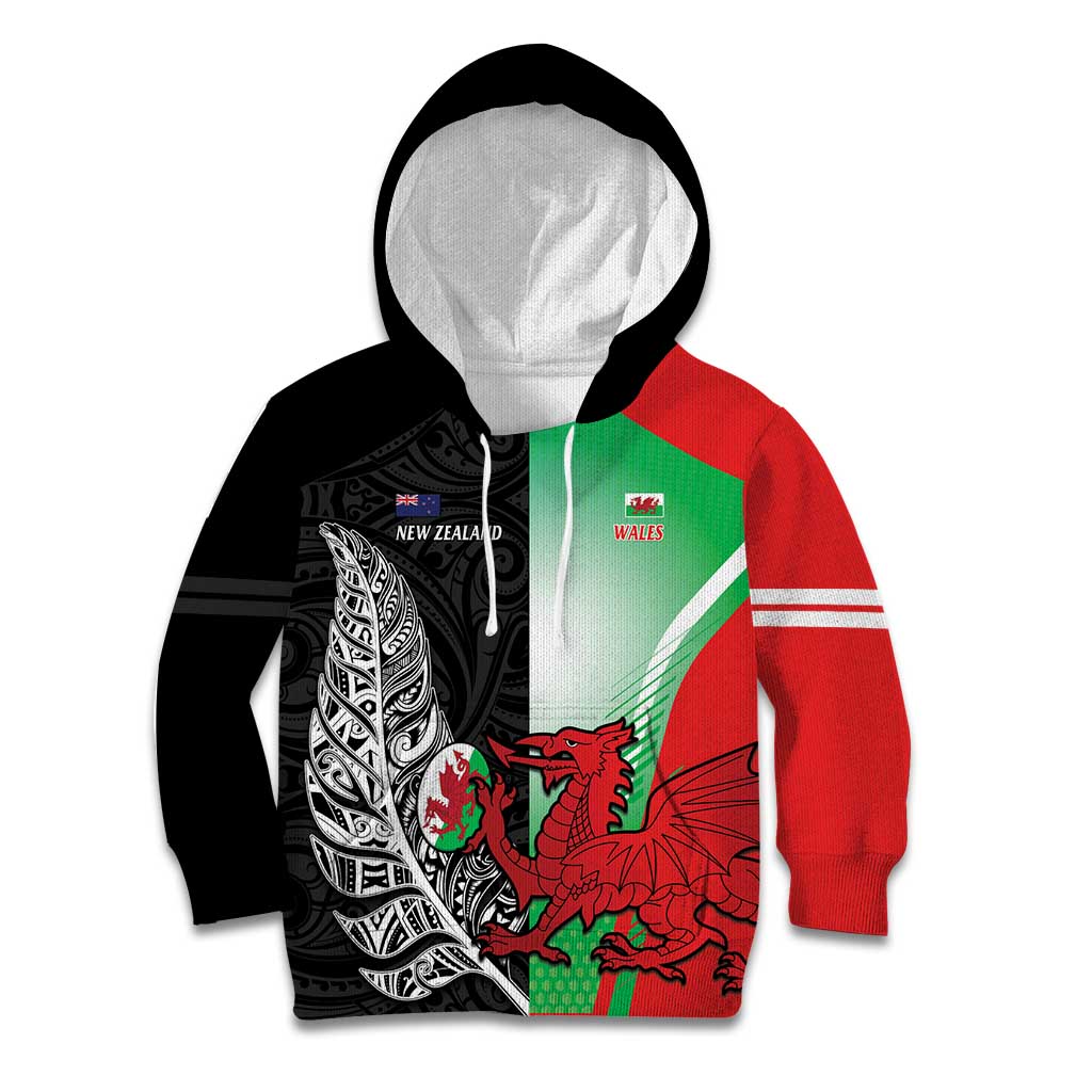 New Zealand and Wales Rugby Custom Kid Hoodie Aotearoa All Black Combine Welsh Dragon - Aussie Hoodie