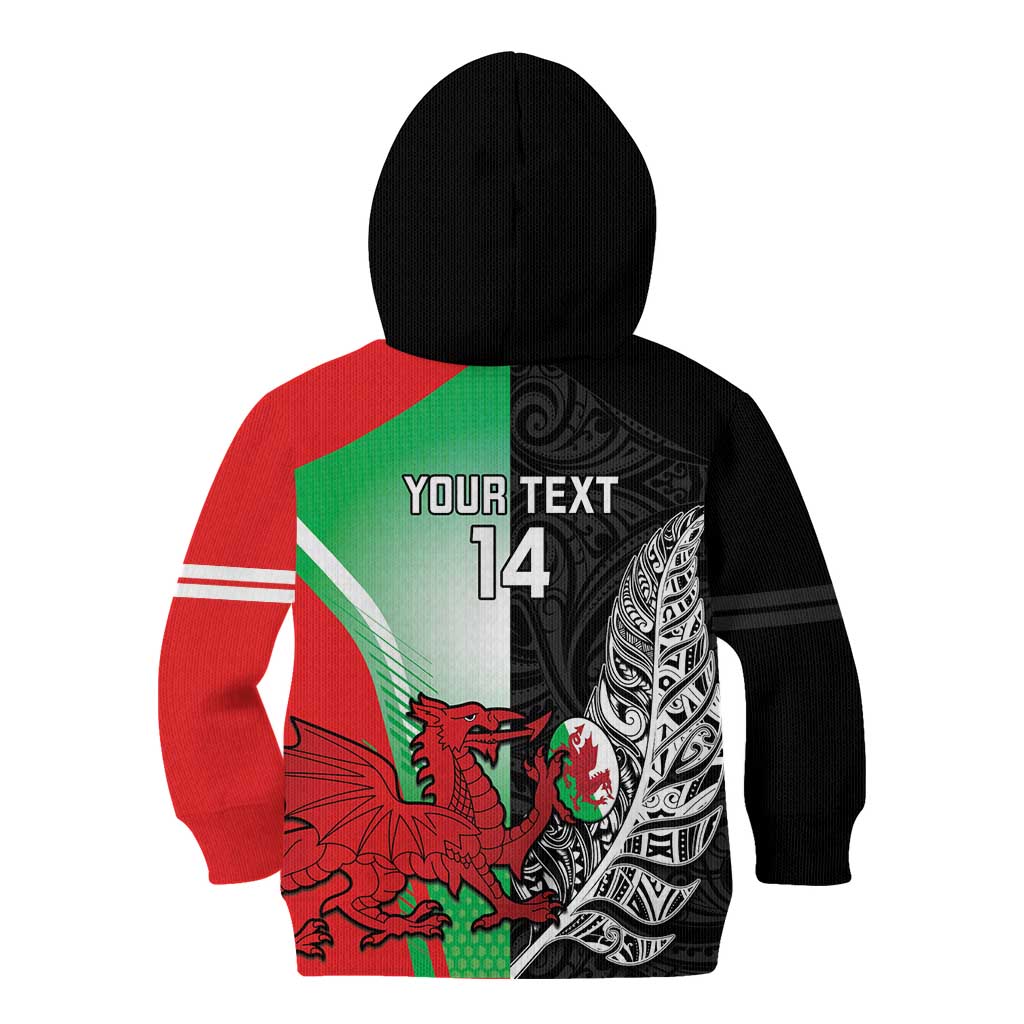 New Zealand and Wales Rugby Custom Kid Hoodie Aotearoa All Black Combine Welsh Dragon - Aussie Hoodie