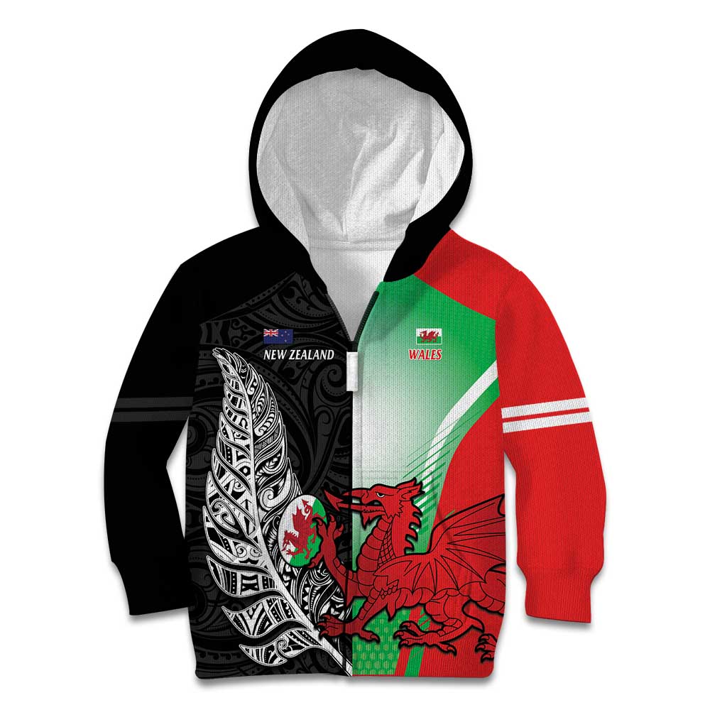 New Zealand and Wales Rugby Custom Kid Hoodie Aotearoa All Black Combine Welsh Dragon - Aussie Hoodie