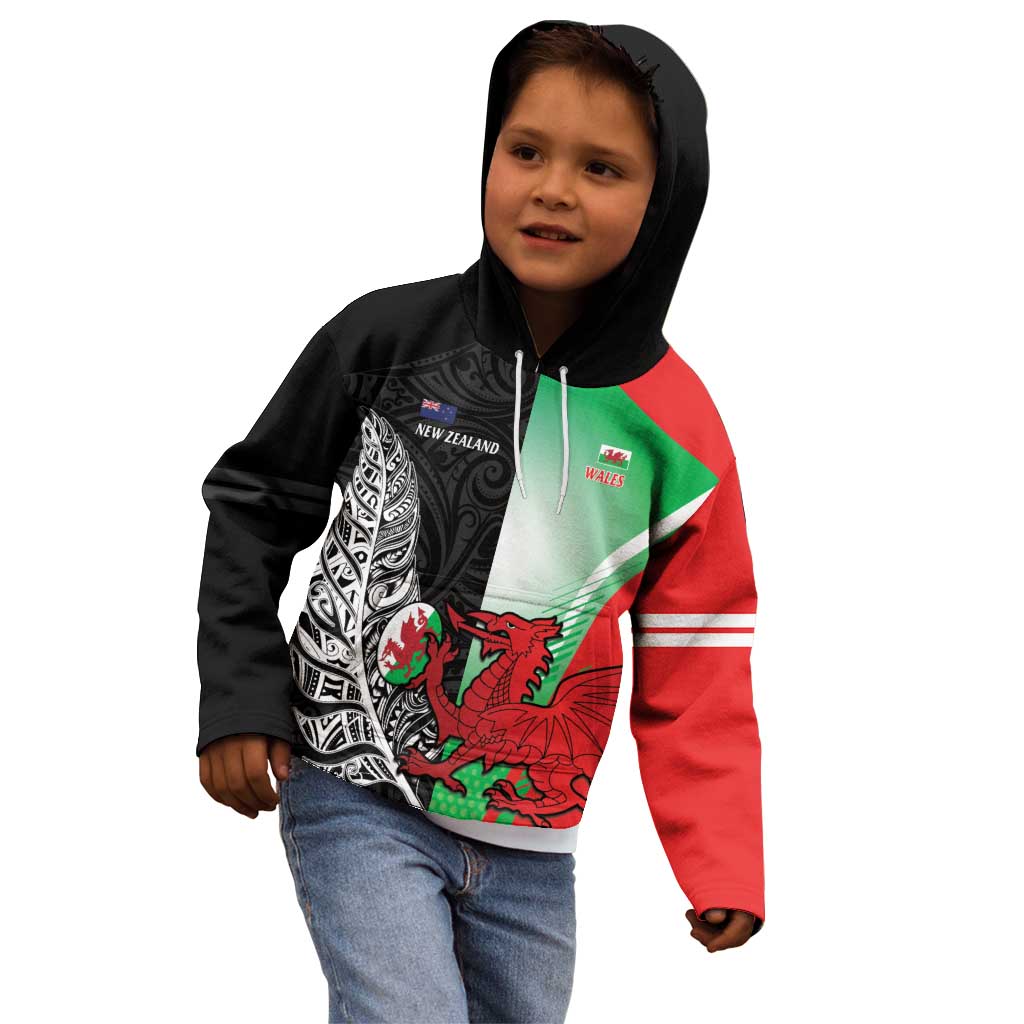 New Zealand and Wales Rugby Custom Kid Hoodie Aotearoa All Black Combine Welsh Dragon - Aussie Hoodie