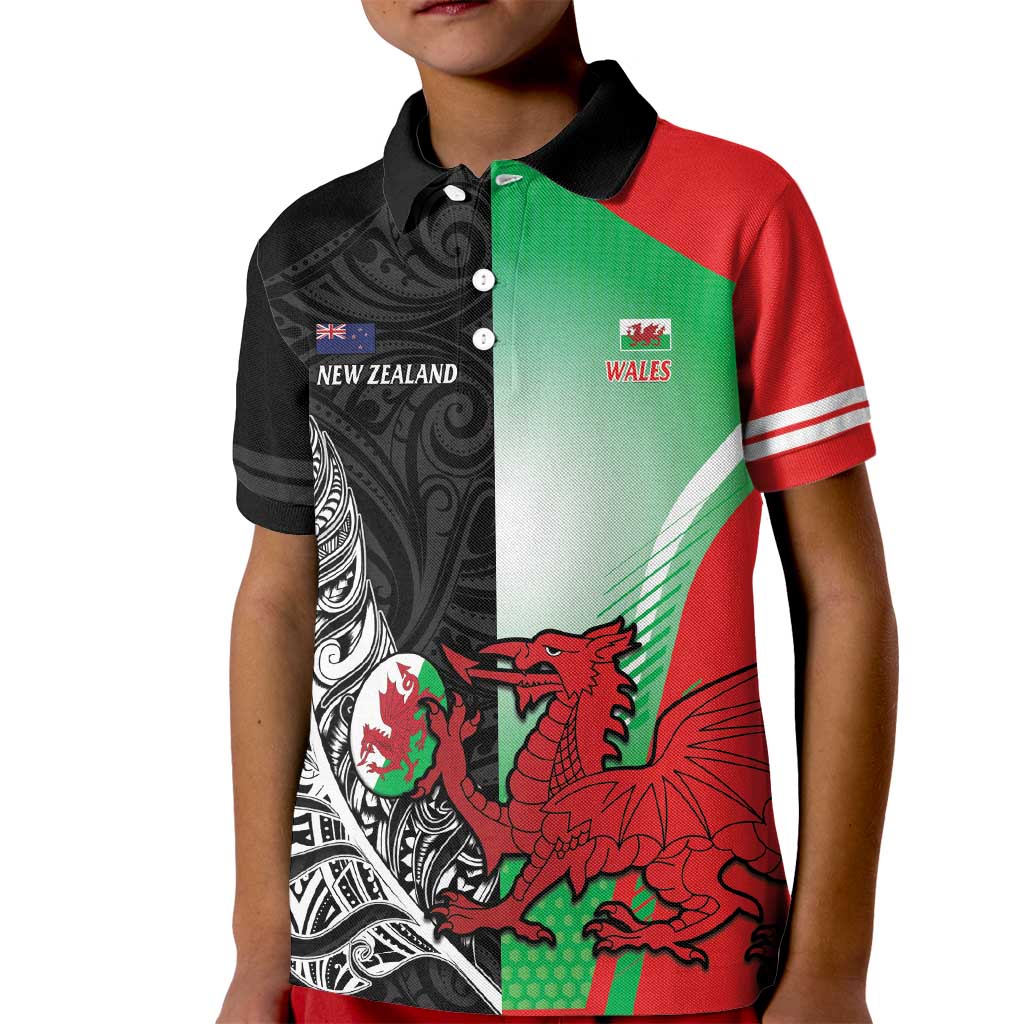 New Zealand and Wales Rugby Custom Kid Polo Shirt Aotearoa All Black Combine Welsh Dragon - Aussie Hoodie