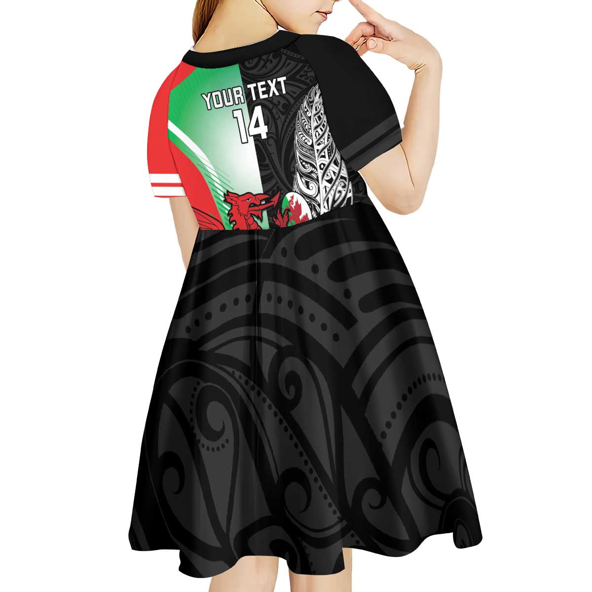 New Zealand and Wales Rugby Custom Kid Short Sleeve Dress Aotearoa All Black Combine Welsh Dragon - Aussie Hoodie