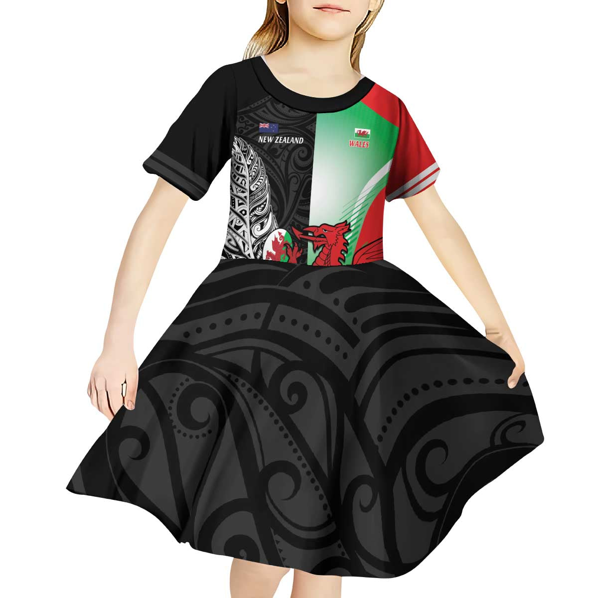 New Zealand and Wales Rugby Custom Kid Short Sleeve Dress Aotearoa All Black Combine Welsh Dragon - Aussie Hoodie