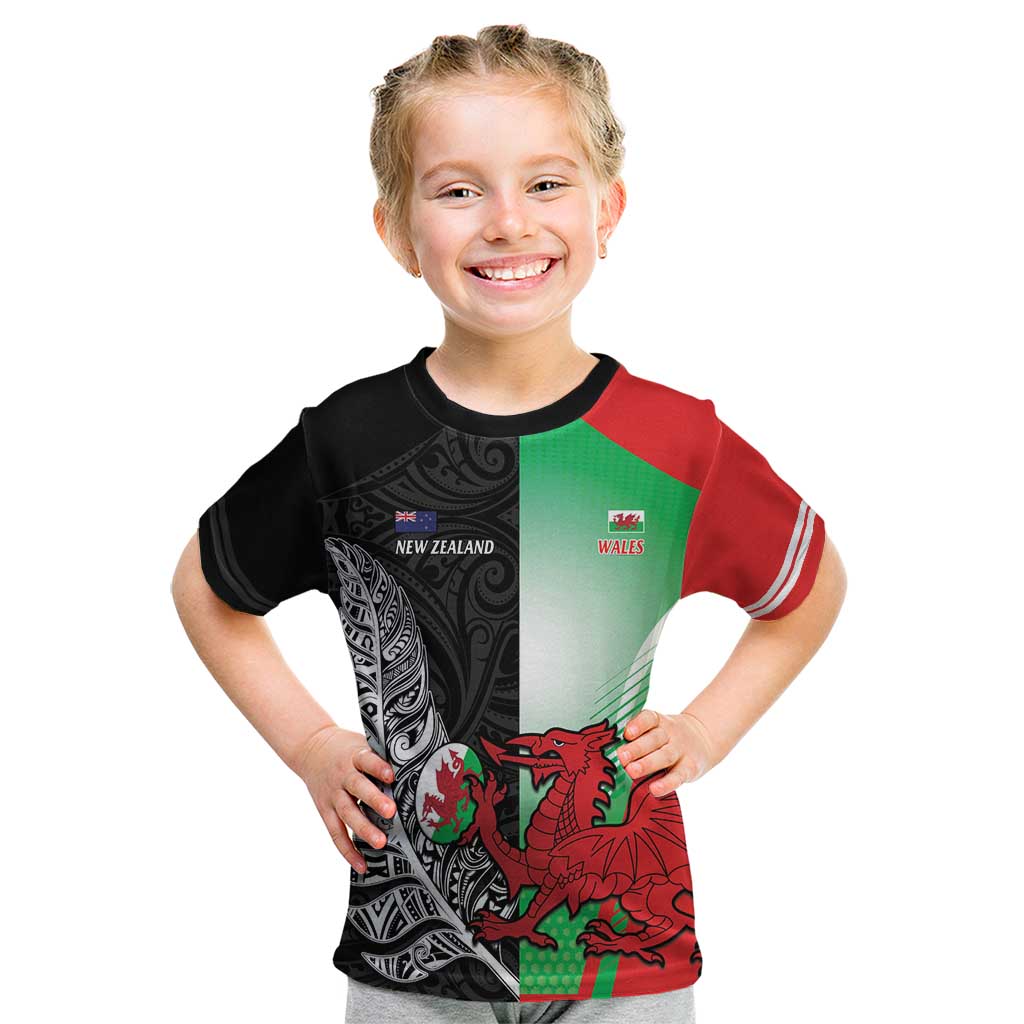 New Zealand and Wales Rugby Custom Kid T Shirt Aotearoa All Black Combine Welsh Dragon - Aussie Hoodie
