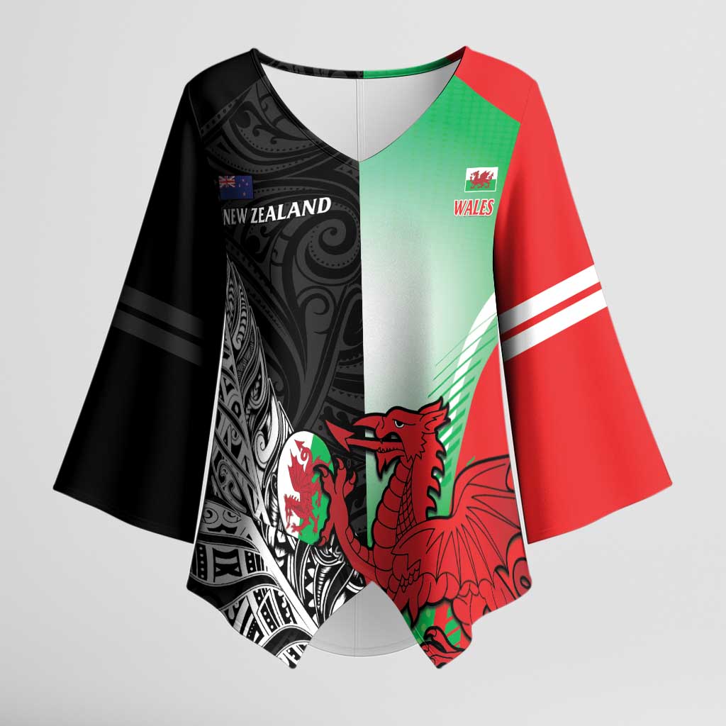 New Zealand and Wales Rugby Custom Kimono Sleeve Blouse Aotearoa All Black Combine Welsh Dragon - Aussie Hoodie